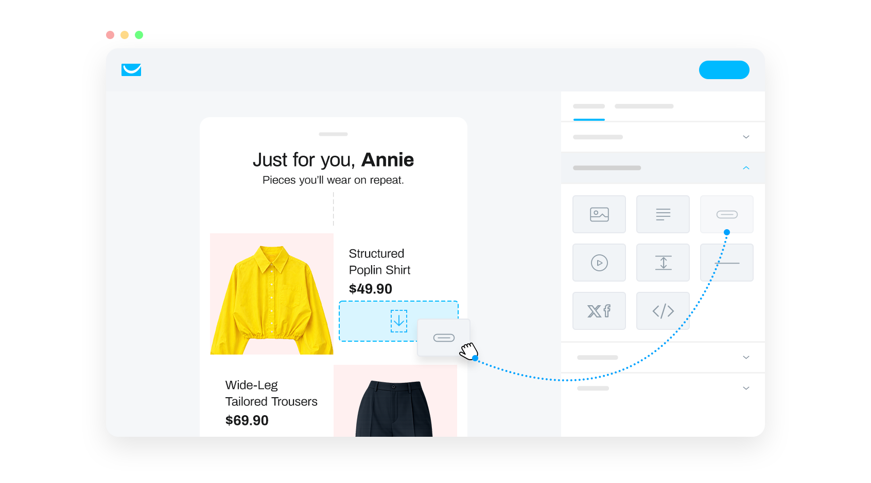Mockup of AI product recommendations being added to an ecommerce email campaign