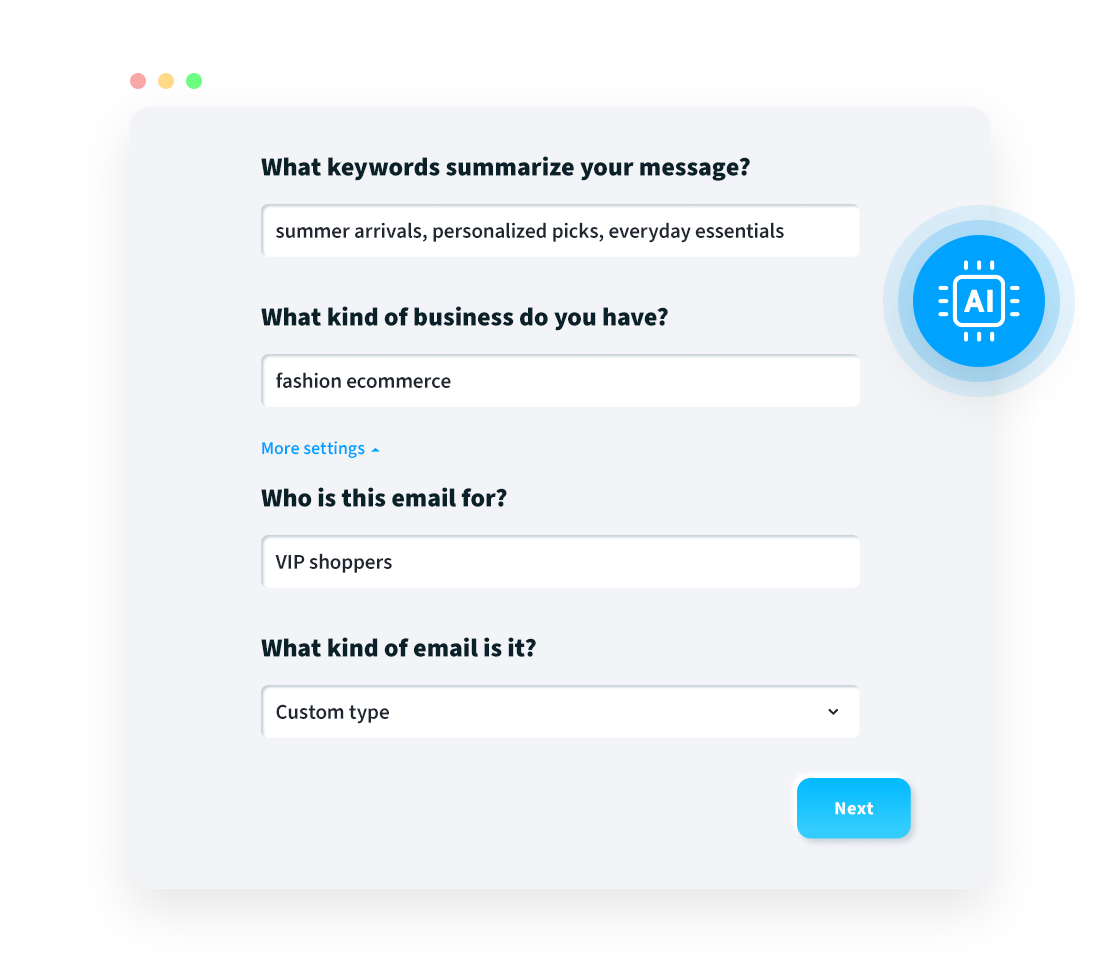 AI email generator form creating an email campaign from keywords, business type, audience, and email format