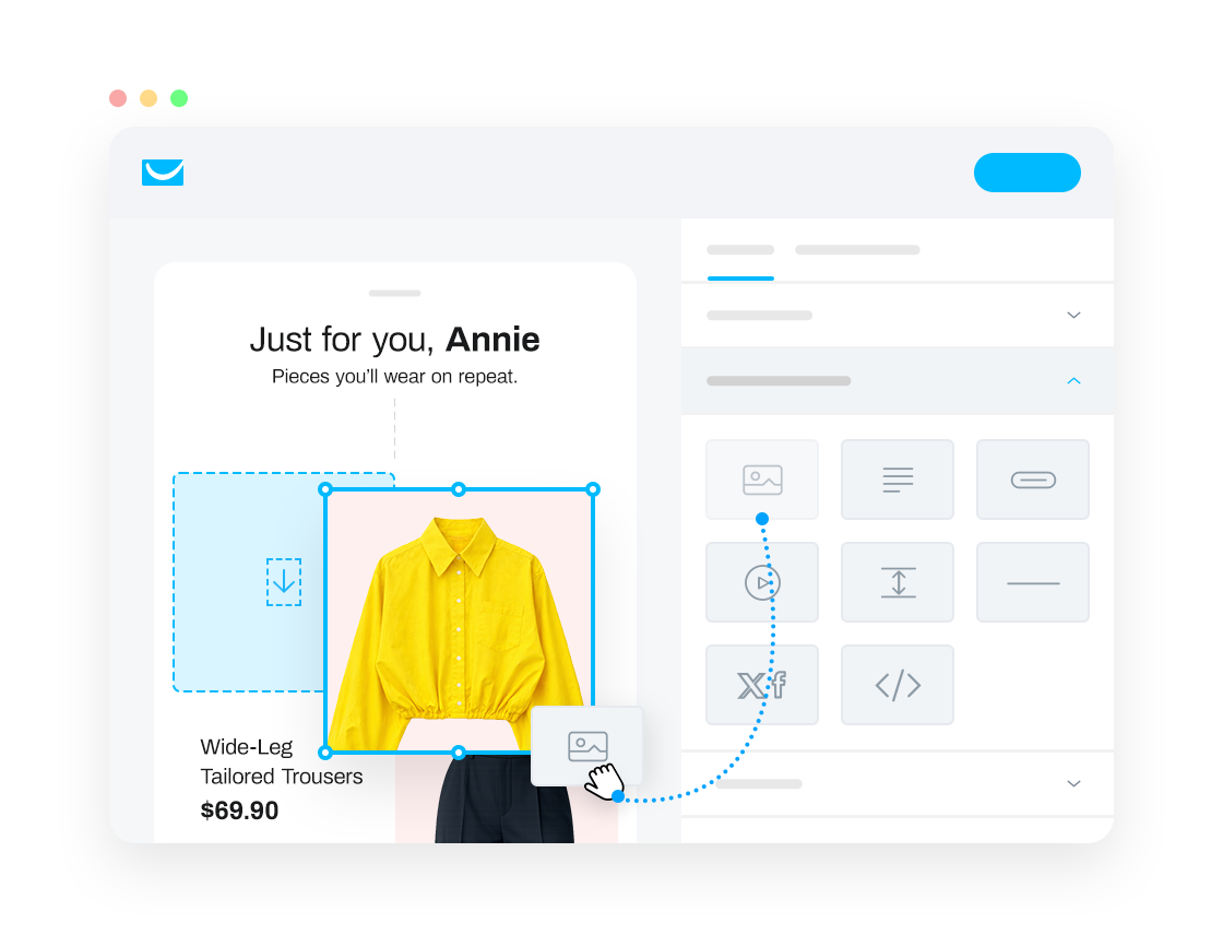 Email builder mockup showing a product block being added to a personalized ecommerce emailv