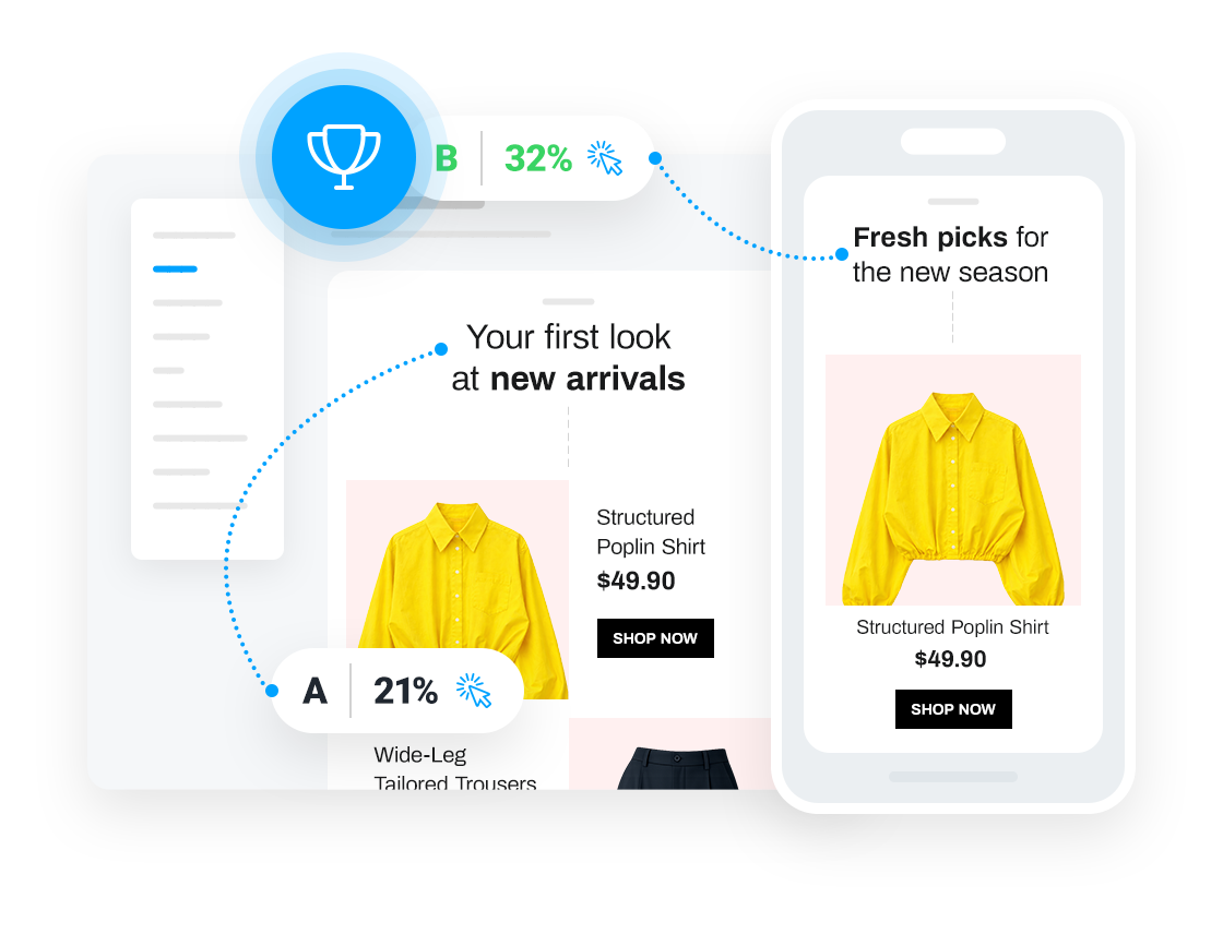 A/B testing mockup comparing ecommerce emails with product recommendations