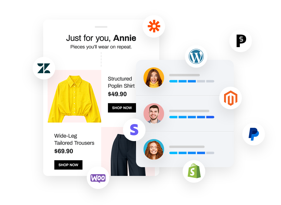Integration mockup connecting ecommerce emails with marketing, payment, CRM, and store apps