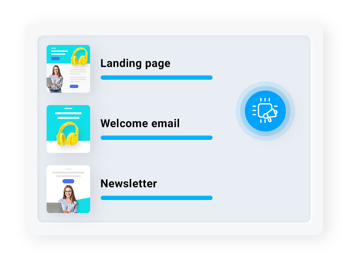 An infographic showing multiple features that can be integrated into one campaign using GetResponse: landing pages, welcome emails and newsletters