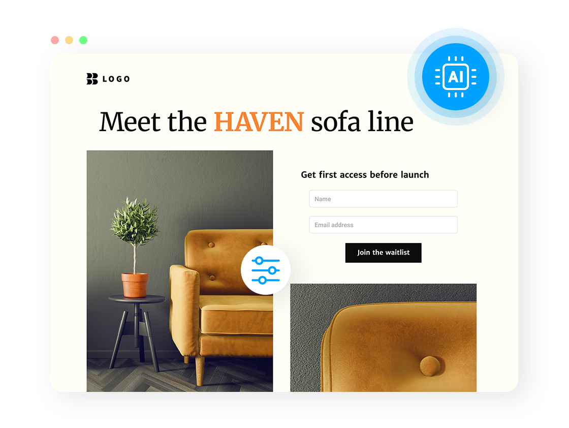 A landing page mockup for an online store selling furniture 