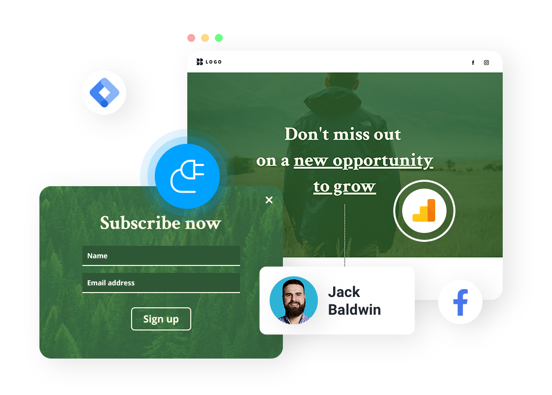 Infographic showing GetResponse's possible integrations with the landing page builder featuring Google Analytics, Google Tag Manager and Facebook.