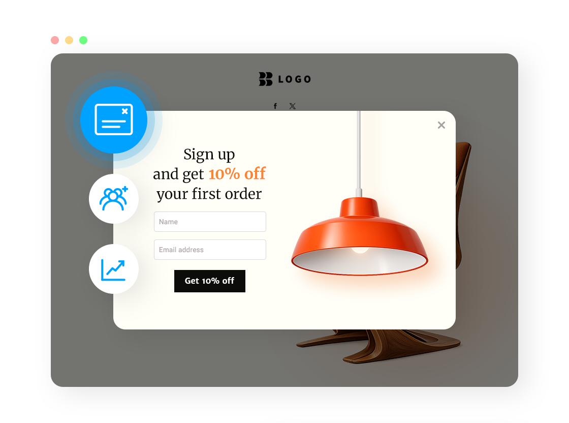 A discount pop-up featured on a landing page built with GetResponse offering a 10% off on the first order