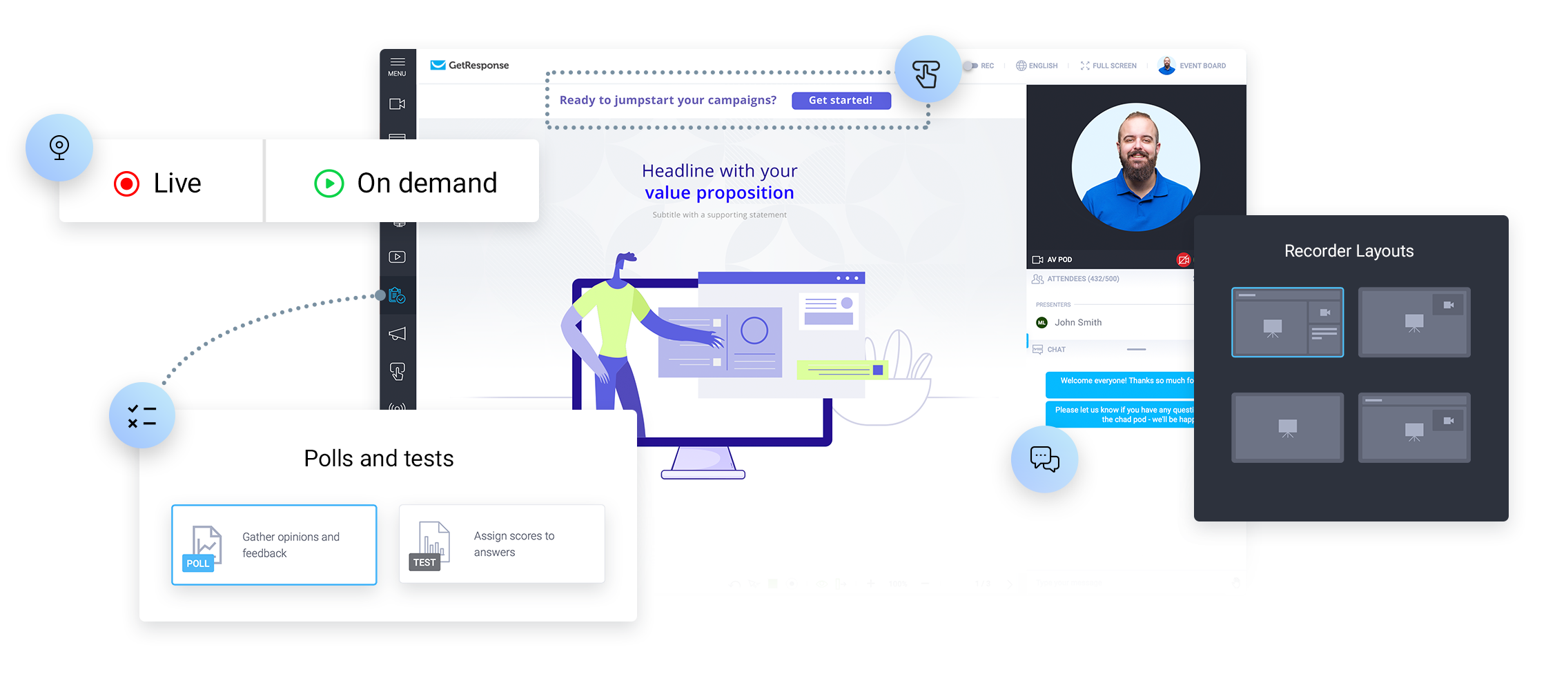 Webinar builder for live and on-demand webinars with polls and recordings