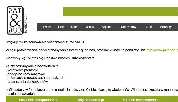 Zdj. 9 – Wiadomość potwierdzająca zapis na newsletter Pat&Rub.