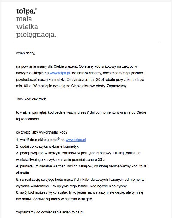 Zdj. 10 – Wiadomość powitalna od firmy Tołpa. Zawiera indywidualny kod promocyjny wraz z instrukcją jego wykorzystania.