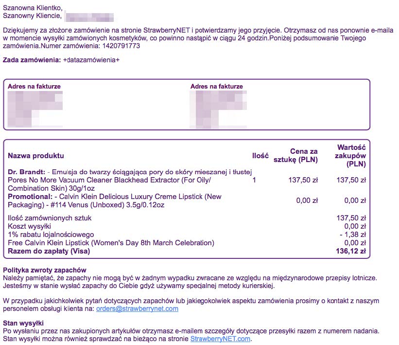 Zdj. 12 – Wiadomość od StrawberryNET wysłana po złożeniu zamówienia. Zawiera podziękowanie oraz szczegółowy wykaz zamówionych produktów.