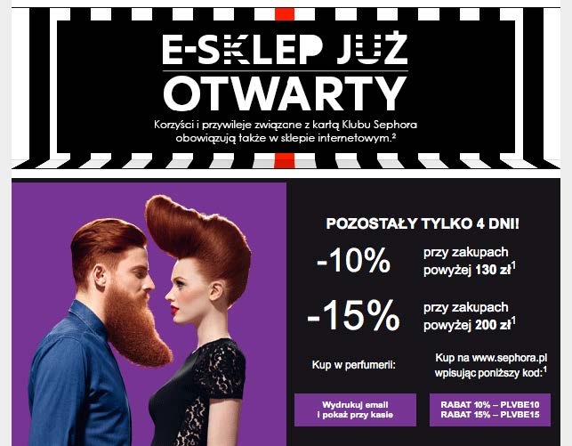 Zdj. 14 – Fragment wiadomości wysłanej przez Sephora. Wiadomość zawiera ograniczoną czasowo ofertę wraz z kodami rabatowymi.