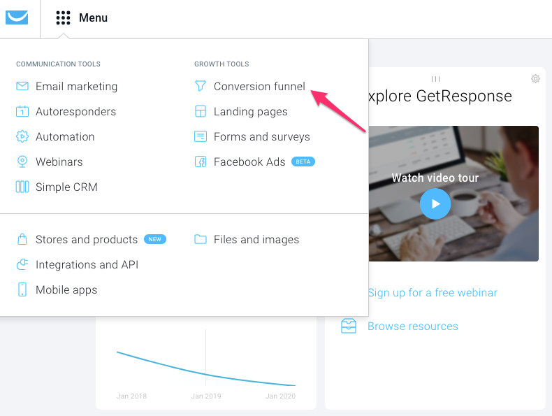 Choose Conversion Funnel in the main menu of the GetResponse dashboard.