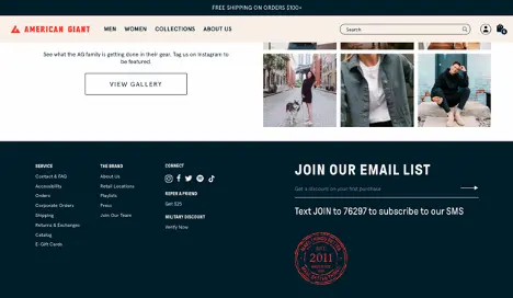 Footer signup form example from American Giant.