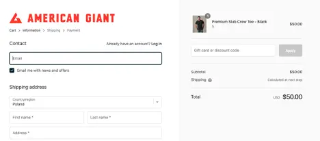 Checkout form example from American Giant.