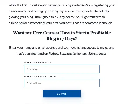 Inside content signup form example.