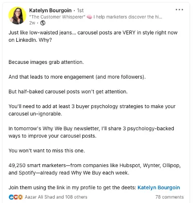 LinkedIn post motivating readers to click to the bio to sign up to the newsletter.