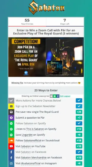 Sabaton contest page that helped them build their contact list.