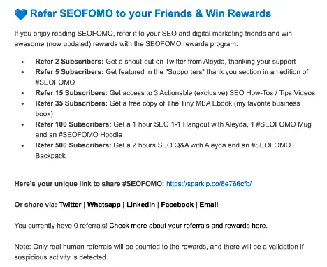 Referral marketing campaign promoting newsletter subscription.