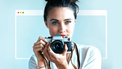 women taking a photo within website frame